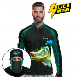 Super Combo Premium - Pro Elite Tucunaré Azul Pesca Esportiva - Camisa + Punho Luva + Máscara + Boné DryUv50+ Envio Imediato