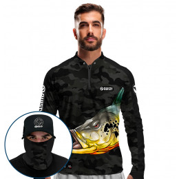 Super Combo Premium - Pro Elite Tucunaré Black Pesca Esportiva - Camisa + Máscara + Boné DryUv50+