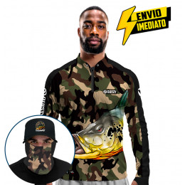Super Combo Premium - Pro Elite Tucunaré Pantanal Pesca Esportiva - Camisa + Punho Luva + Máscara + Boné Tela DryUv50+ - Envio Imediato