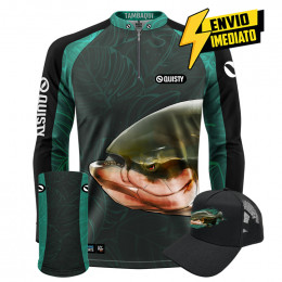 Super Combo Premium - Pro Elite Tambaqui Azul Pesca Esportiva - Camisa + Punho Luva + Máscara + Boné DryUv50+ Envio Imediato