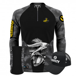 Super Combo Premium - Pro Elite Trairão Attack Pesca Esportiva - Camisa + Punho Luva + Máscara + Boné DryUv50+