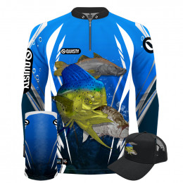 Super Combo Premium - Pro Elite Brabos Da Pesca Trio Marinho - Pesca Esportiva - Camisa + Punho Luva + Máscara Premium + Boné DryUv50+