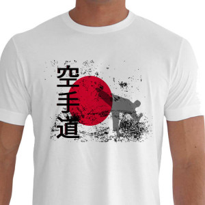 Camiseta - Karatê - Treinamento Sol Nascente Lutador Chute Calcanhar de Cima para Baixo Kanji