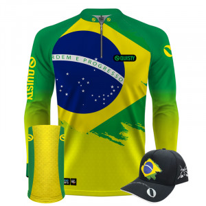 Super Combo Premium - Pro Elite Brasil Bandeira Pesca Esportiva - Camisa + Punho Luva + Máscara Premium + Boné DryUv50+