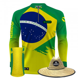 Super Combo VIP - Pro Elite Brasil Bandeira Pesca Esportiva - Camisa + Punho Luva + Máscara Premium + Chapéu DryUv50+