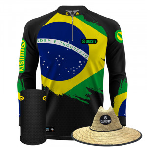 Super Combo VIP - Pro Elite Brasil Black Pesca Esportiva - Camisa + Punho Luva + Máscara Premium + Chapéu DryUv50+