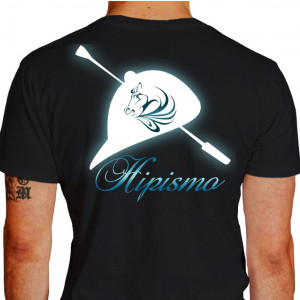 Camiseta - Hipismo - Cavaleiros e Amazonas Capacete Chicote Ilustração Estilizada Cavalo Costas Preta
