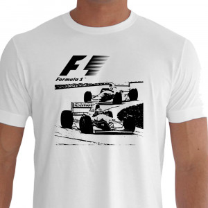 Camiseta - Fórmula 1 - Dois Pilotos Disputa Curva Aberta de Alta Velocidade Lisa - Branca