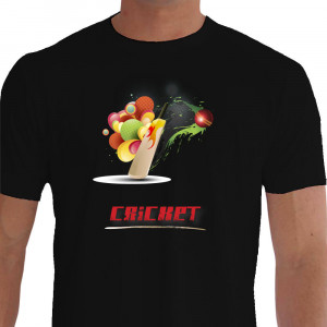 Camiseta - Cricket - Efeito Estampa Ilustração Taco Tribal Fogo e Bola Preta