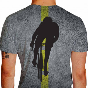 Camiseta - Ciclismo - Tecido Efeito Asfalto Faixa Amarela Ciclista Escapada Sombra Frente Costas Cinza
