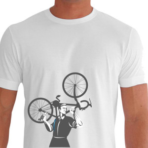 Camiseta - Ciclismo - Ciclista Retrô Levantando a Bike Frente Branca