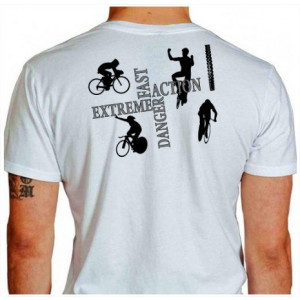 Camiseta - Ciclismo - Ciclistas Correndo Saudando e Comemorando Marca de Pneu Bike Fast Extreme Action Danger Costas Branca