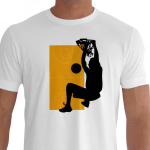 Camiseta - Basquete - Quadra Vista de Cima Jogador Dando Enterrada Segurando o Aro Branca