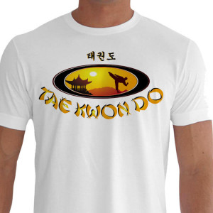 Camiseta - Tae Kwon Do - Paisagem Templo Sol Lutador Treino Chute Kanji
