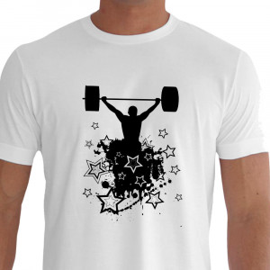 Camiseta - Halterofilismo - Estampa Halterofilista Barra acima da Cabeça Estrelas Branca