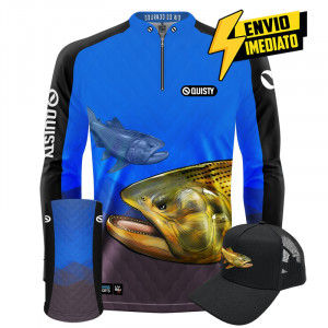 Super Combo Premium - Pro Elite Dourado Rei do Rio Pesca Esportiva - Camisa + Punho Luva + Máscara + Boné DryUv50+ - Envio Imediato