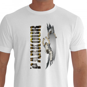 Camiseta - Parkour - Dois Traceurs Movimento Salto do Gato PK Frase Efeito Asfalto - branca
