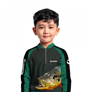 Camisa Premium Infantil - Pro Elite Tucunaré Pantanal Azul Pesca Esportiva - DryUv50 + Punho Luva