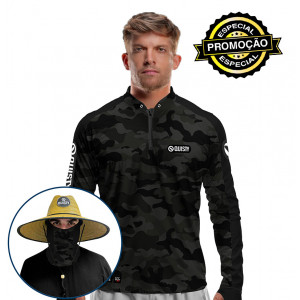 Combo VIP - Pro Elite Army Black Pesca Esportiva - Camisa + Máscara + Chapéu DRYUV50+ 