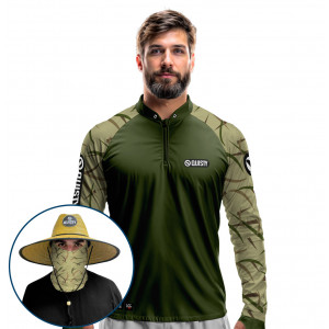 Super Combo VIP - Pro Elite Kid Ocelos Black Bass Verde Musgo Pesca Esportiva - Camisa + Punho Luva + Máscara Premium + Chapéu DryUv50+