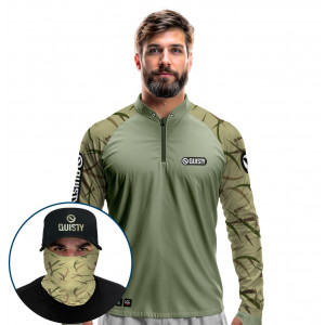Super Combo Premium - Pro Elite Black Bass Kid Ocelos Verde Pesca Esportiva - Camisa + Punho Luva + Máscara + Boné Tela DryUv50+