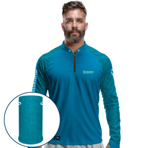 Combo Premium - Pro Elite Black Bass Kid Ocelos Blue - Camisa + Punho Luva + Máscara Premium DryUv50+