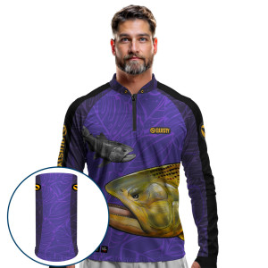 Combo Premium - Pro Elite Dourado Do Rio Roxo Pesca Esportiva - Camisa + Punho Luva + Máscara Premium DryUv50+