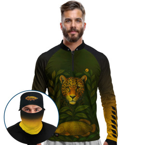 Super Combo Premium - Pro Elite Pirarucu Espírito Amazônico - Camisa + Punho Luva + Máscara Premium + Boné Tela DryUv50+