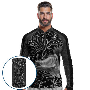 Combo Premium - Pro Elite Tucunaré Azul Black - Camisa + Punho Luva + Máscara Premium DryUv50+