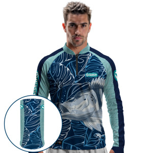 Combo Premium - Pro Elite Tucunaré Azul Sky - Camisa + Punho Luva + Máscara Premium DryUv50+