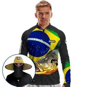 Super Combo VIP - Pro Elite Tucunaré Orgulho Brasileiro - Camisa + Punho Luva + Máscara Premium + Chapéu DryUv50+