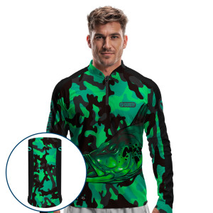 Combo Premium - Pro Elite Tucunaré Pantanal Green Pesca Esportiva - Camisa + Punho Luva + Máscara Premium DryUv50+