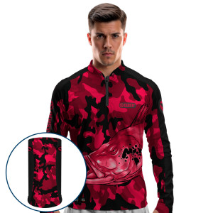 Combo Premium - Pro Elite Tucunaré Pantanal Wine Pesca Esportiva - Camisa + Punho Luva + Máscara Premium DryUv50+