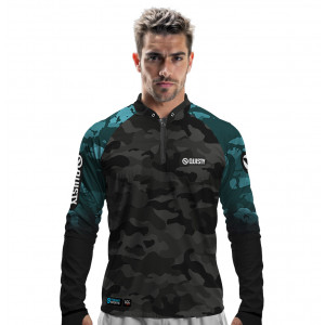 Camisa Premium - Pro Elite Cyan Black - Pesca Esportiva - DryUv50+ Punho Luva