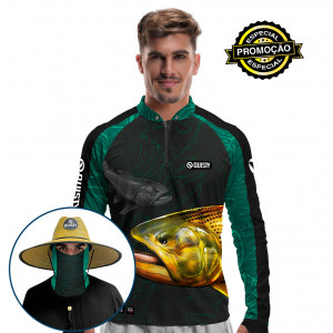 Combo VIP - Pro Elite Dourado Rei do Rio Azul Pesca Esportiva - Camisa + Máscara + Chapéu DRYUV50+