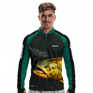 Camisa Premium - Pro Elite Dourado Rei do Rio Azul Pesca Esportiva - DryUv50 + Punho Luva