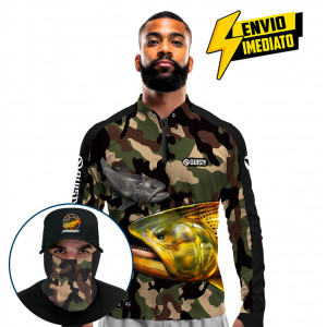 Super Combo Premium - Pro Elite Dourado do Rio Pantanal Pesca Esportiva - Camisa + Máscara + Boné DryUv50+ Envio Imediato