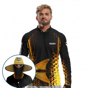 Super Combo VIP - Pro Elite Dourado do Rio Cauda Pesca Esportiva - Camisa + Punho Luva + Máscara Premium + Chapéu DryUv50+