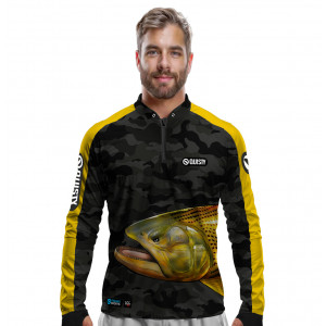 Camisa Premium - Pro Elite El Tigre Del Rio Dourado - Pesca Esportiva - DryUv50+ Punho Luva