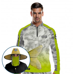 Super Combo VIP - Pro Elite Robalo Cauda Pesca Esportiva - Camisa + Punho Luva + Máscara Premium + Chapéu DryUv50+
