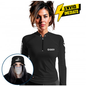 Super Combo Premium - Pro Elite Sport Clean Preta Feminina - Camisa + Punho Luva + Máscara + Boné DryUv50+ Envio Imediato