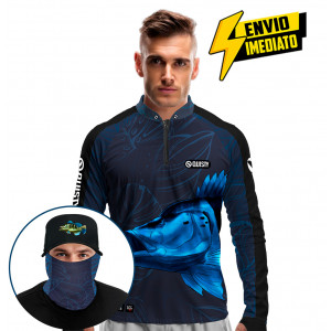 Super Combo Premium - Pro Elite Tucunaré Azul Blue Pesca Esportiva - Camisa + Punho Luva + Máscara + Boné Tela DryUv50+ Envio Imediato