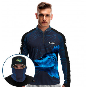 Super Combo Premium - Pro Elite Tucunaré Azul Blue Pesca Esportiva - Camisa + Punho Luva + Máscara Premium + Boné DryUv50+