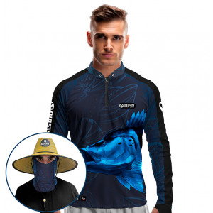 Combo VIP - Pro Elite Tucunaré Azul Blue Pesca Esportiva - Camisa + Punho Luva + Máscara Premium + Chapéu DryUv50+
