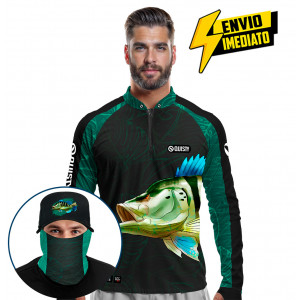 Super Combo Premium - Pro Elite Tucunaré Azul Pesca Esportiva - Camisa + Punho Luva + Máscara + Boné DryUv50+ Envio Imediato