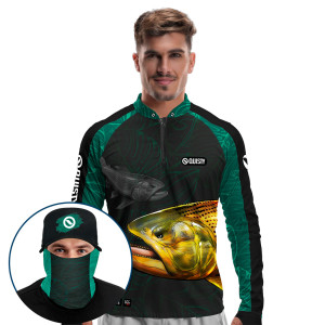 Super Combo Premium - Pro Elite Dourado Rei do Rio Azul Pesca Esportiva - Camisa + Punho Luva + Máscara + Boné DryUv50+