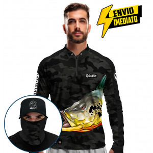 Super Combo Premium - Pro Elite Tucunaré Black Pesca Esportiva - Camisa + Punho Luva + Máscara + Boné DryUv50+ Envio Imediato