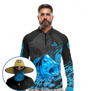Super Combo VIP - Pro Elite Tucunaré Minha Paixão Pesca Esportiva - Camisa + Punho Luva + Máscara Premium + Chapéu DryUv50+