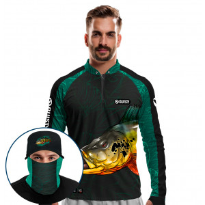 Super Combo Premium - Pro Elite Tucunaré Pantanal Azul Pesca Esportiva - Camisa + Punho Luva + Máscara + Boné DryUv50+
