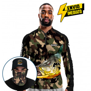 Super Combo Premium - Pro Elite Tucunaré Pantanal Pesca Esportiva - Camisa + Punho Luva + Máscara + Boné Tela DryUv50+ - Envio Imediato